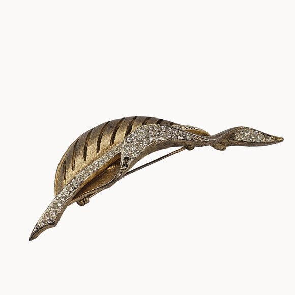 VTG Brooch Gold Tone Leaf Botanical Rhinestone Falling Tree Autumn Fall Harvest - Picture 4 of 13